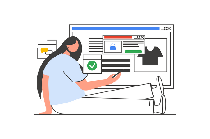 Femme choisissant des produits en ligne  Illustration