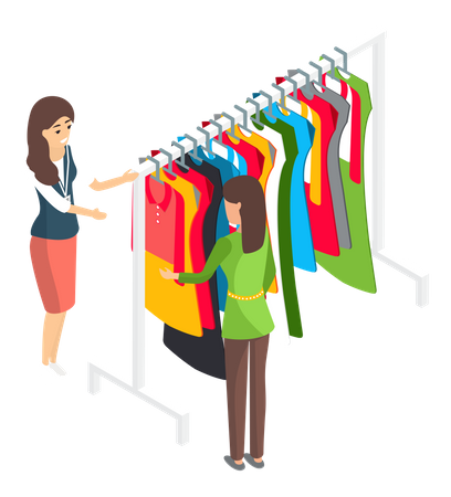 Femme choisissant des vêtements dans la boutique  Illustration