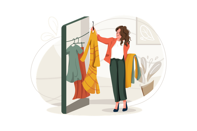 Femme choisissant des vêtements dans une boutique en ligne  Illustration