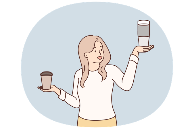 Une femme fait un choix entre un thermos réutilisable pour le thé et un gobelet en papier jetable pour le café à emporter  Illustration
