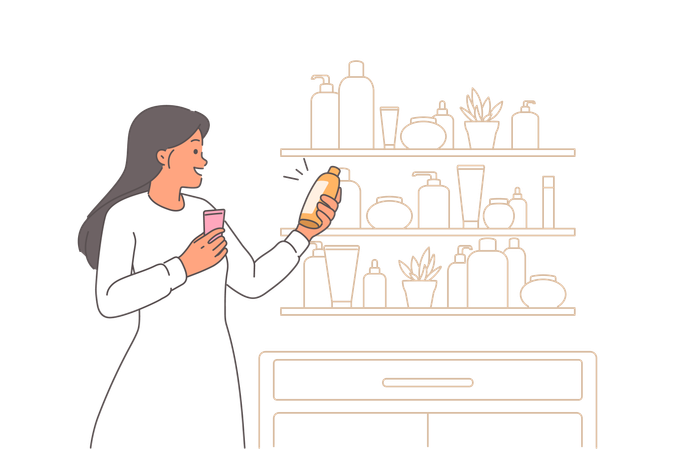 Une femme choisit des produits cosmétiques pour les soins de la peau tout en se tenant près d'une étagère avec des crèmes et des shampoings  Illustration