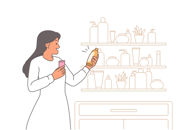 Une femme choisit des produits cosmétiques pour les soins de la peau tout en se tenant près d'une étagère avec des crèmes et des shampoings  Illustration