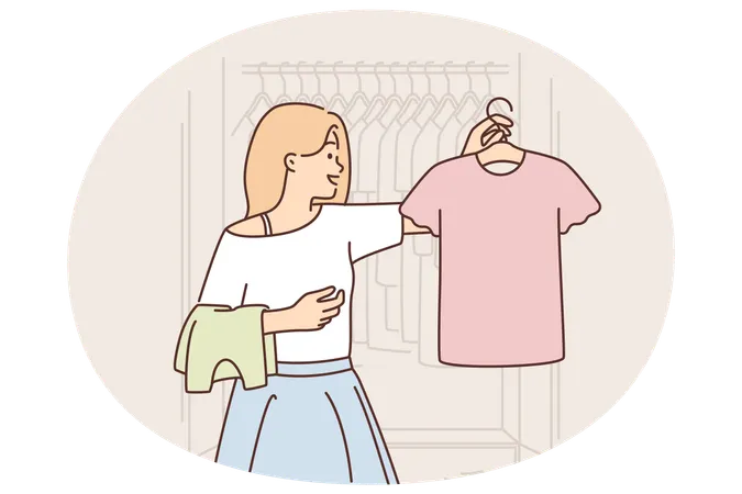 Une femme choisit des vêtements dans sa garde-robe pour aller à une fête ou pour trier des t-shirts pour une friperie  Illustration