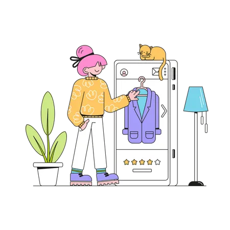 Une femme choisit ses vêtements sur une application mobile  Illustration