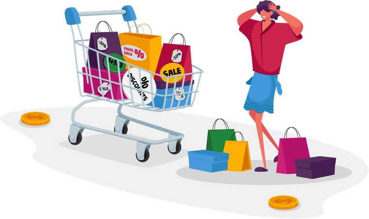 Femme accro au shopping choquée avec de nombreux sacs à provisions  Illustration
