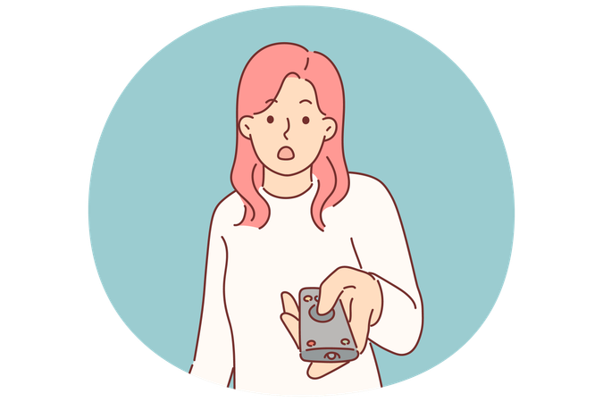 Une femme choquée avec une télécommande de télévision est surprise d'entendre de fausses nouvelles ou de la désinformation en direct  Illustration