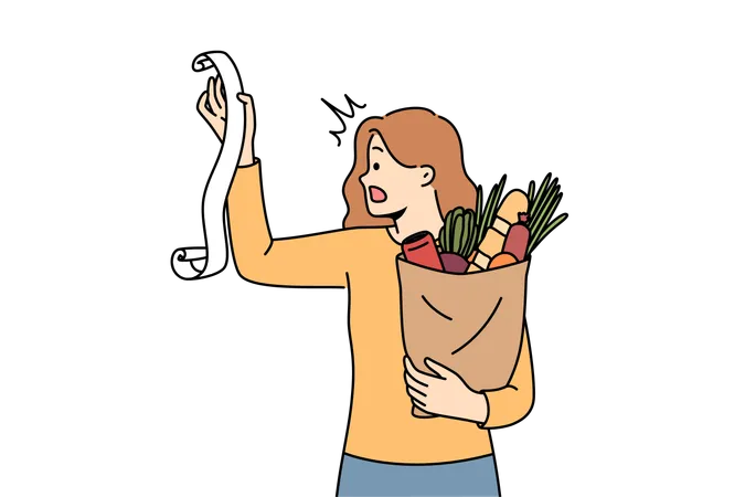 Une femme choquée regarde ses factures d'épicerie  Illustration