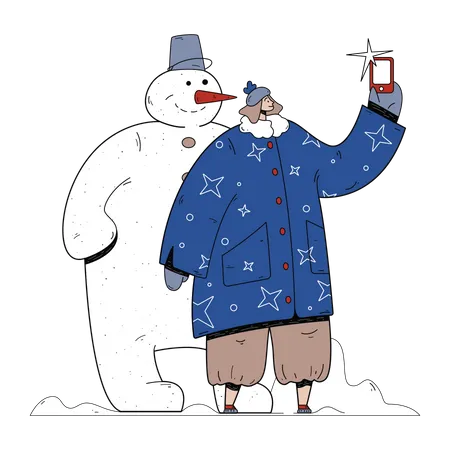 Femme cliquez sur selfie avec bonhomme de neige  Illustration