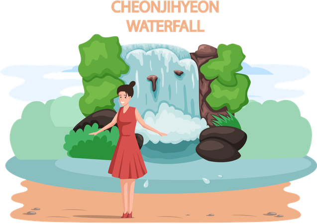 Une femme prend des photos à la cascade de Cheonjiyeon  Illustration