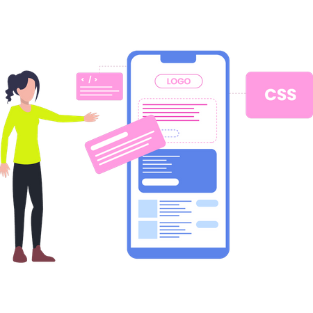 Femme codant du CSS sur mobile  Illustration