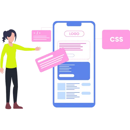 Femme codant du CSS sur mobile  Illustration