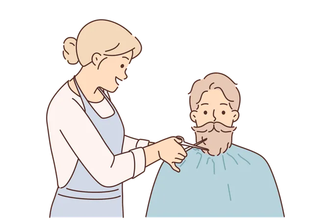 Une coiffeuse du salon de coiffure coupe la barbe et la moustache à un homme qui ne veut pas se raser  Illustration
