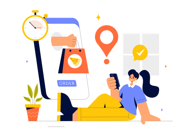 Une femme commande de la nourriture à l'aide d'une application mobile  Illustration