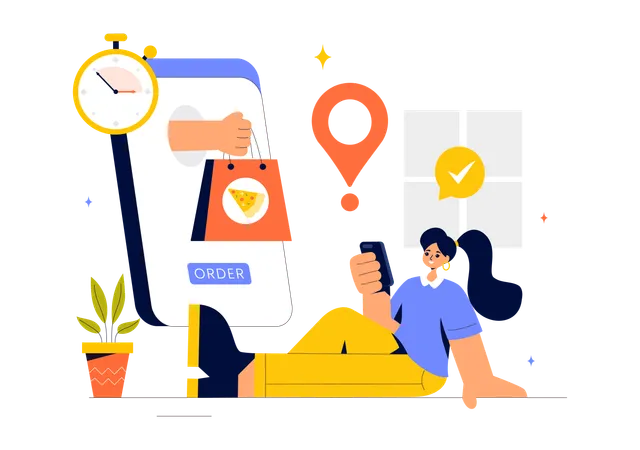 Une femme commande de la nourriture à l'aide d'une application mobile  Illustration