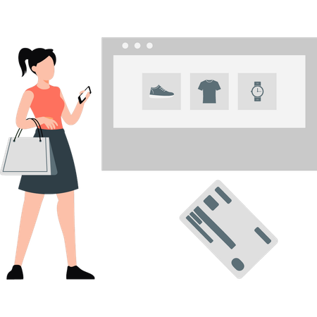 Femme commandant des articles dans un panier sur un site Web d'achat en ligne  Illustration