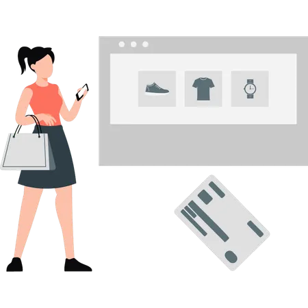 Femme commandant des articles dans un panier sur un site Web d'achat en ligne  Illustration