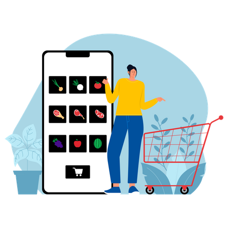 Femme commandant des produits d'épicerie depuis une application en ligne  Illustration