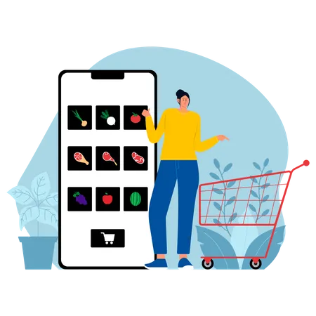 Femme commandant des produits d'épicerie depuis une application en ligne  Illustration