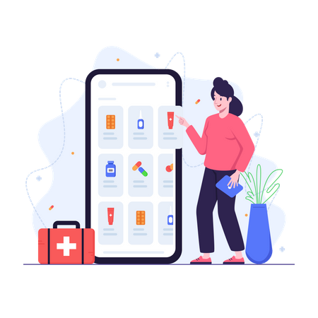 Femme commandant des médicaments depuis une application de pharmacie en ligne  Illustration