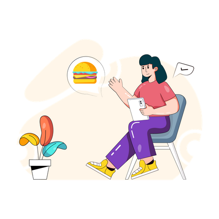 Femme commandant un hamburger en ligne depuis une application  Illustration