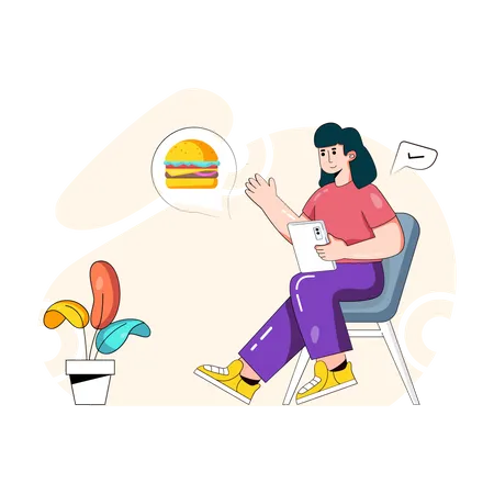 Femme commandant un hamburger en ligne depuis une application  Illustration