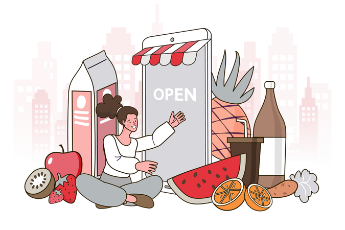 Une femme commande des produits d'épicerie sur un marché en ligne  Illustration