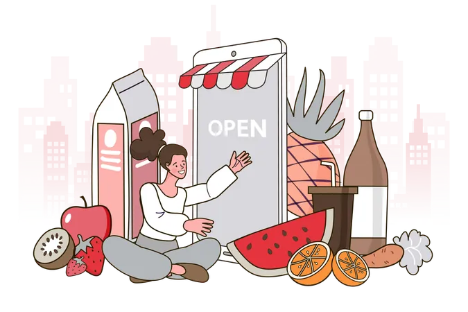 Une femme commande des produits d'épicerie sur un marché en ligne  Illustration