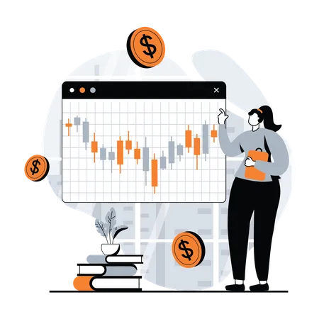 Femme comparant acheter et vendre en bourse  Illustration