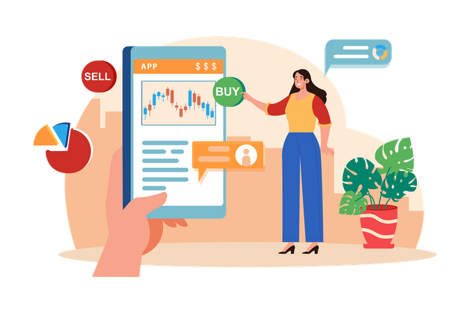 Femme comparant acheter et vendre en bourse  Illustration