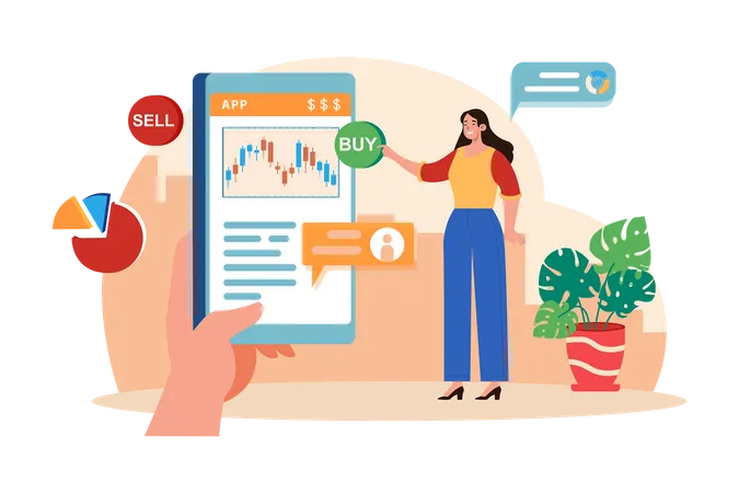 Femme comparant acheter et vendre en bourse  Illustration