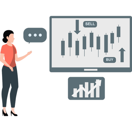 Une femme compare la vente et l'achat en bourse  Illustration