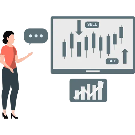 Une femme compare la vente et l'achat en bourse  Illustration