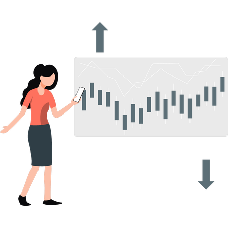 Une femme compare la vente et l'achat en bourse  Illustration