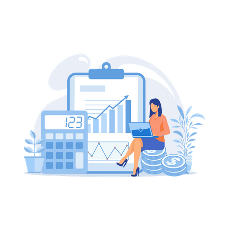 Femme comptable travaillant sur les statistiques du revenu  Illustration