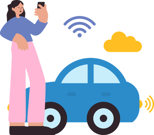 Une femme conduit une voiture grâce à une technologie intelligente  Illustration