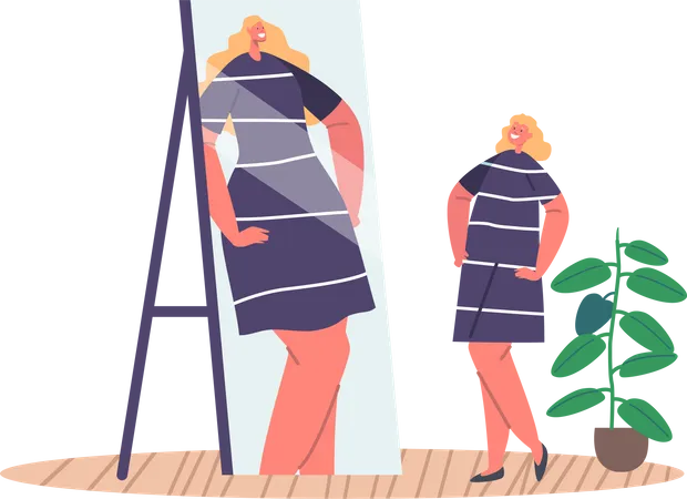 Femme confiante avec une perception de soi déformée regardant dans le miroir  Illustration