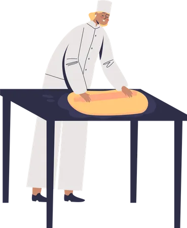 Confiseur féminin travaillant avec de la pâte pour la cuisson de gâteaux, de boulangeries et de desserts  Illustration