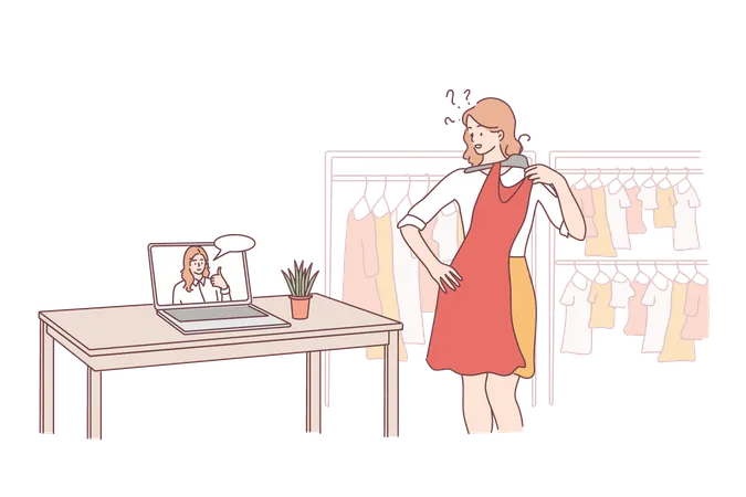 Femme confuse parlant en ligne avec un ami tout en choisissant une robe  Illustration