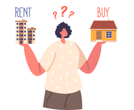 Femme confuse au sujet de l’achat ou de la location d’une maison  Illustration