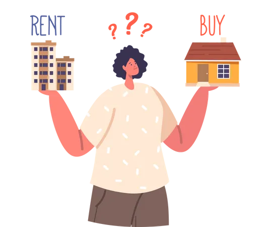 Femme confuse au sujet de l’achat ou de la location d’une maison  Illustration