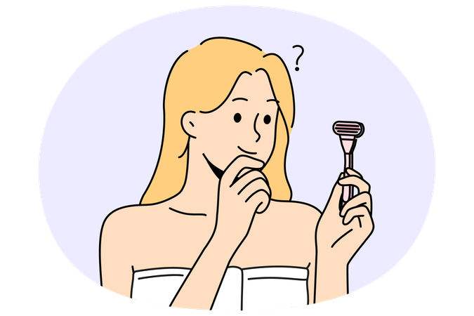 Une femme confuse avec un rasoir dans les mains pense au rasage  Illustration
