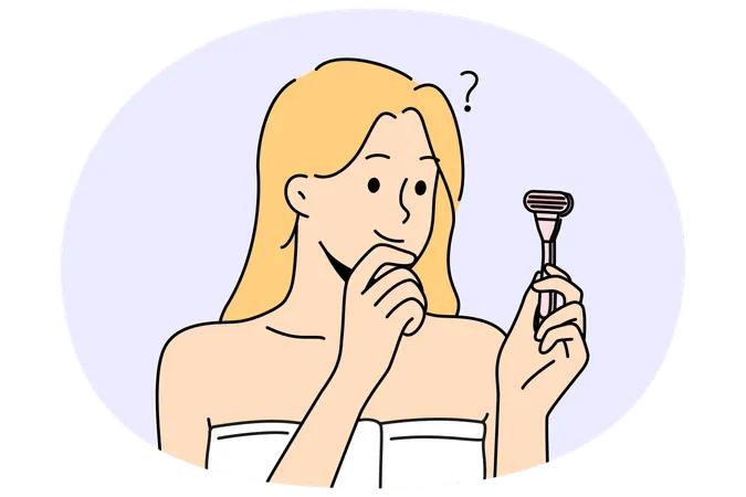 Une femme confuse avec un rasoir dans les mains pense au rasage  Illustration
