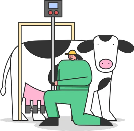 Femme connectant une machine à traire à une vache  Illustration