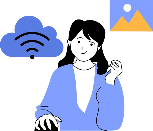 Femme connectant le wifi au réseau cloud  Illustration