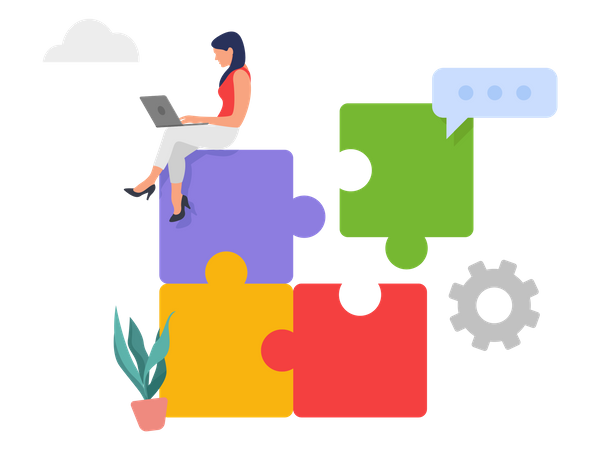 Femme connectant un brainstorming de puzzle  Illustration