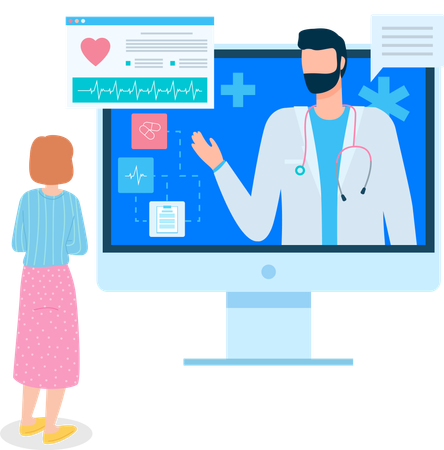 Une femme consulte un cardiologue en ligne  Illustration