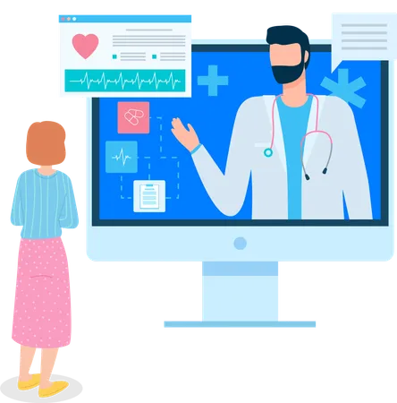 Une femme consulte un cardiologue en ligne  Illustration