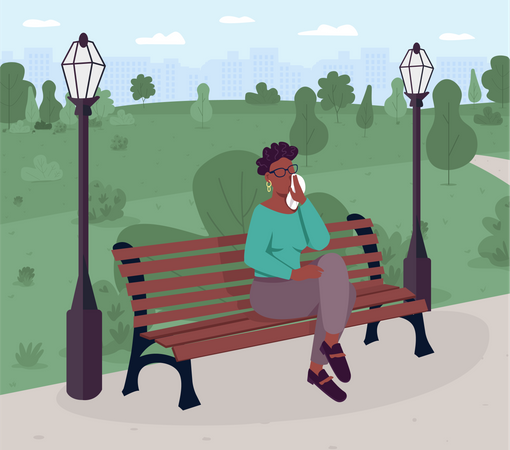 Femme bouleversée assise sur un banc dans le parc  Illustration