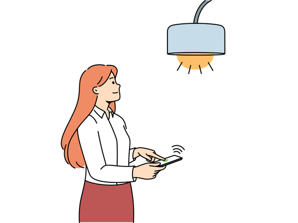 Femme contrôlant la lampe via un téléphone mobile avec une application IoT ou Smart Home pour allumer la lumière  Illustration