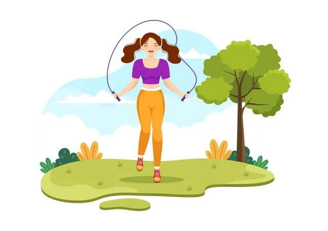 Femme, sauter corde, dans parc  Illustration